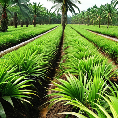 Home 19 **Drip irrigation in a Malaysian oil palm plantation, maximizing water efficiency, lush green leaves, sustainable farming, clear sunny day.** (Focus: Drip irrigation)