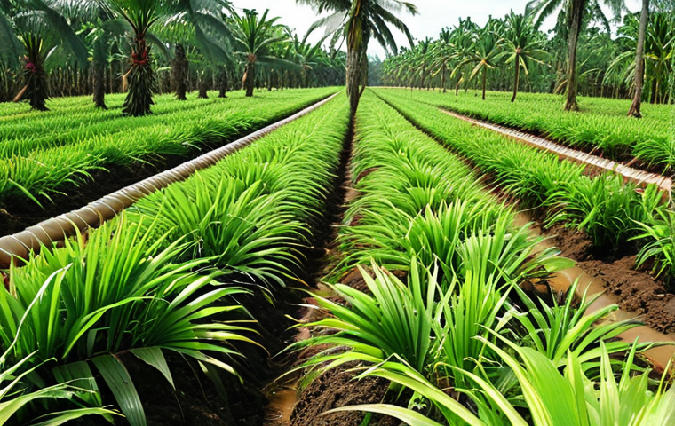 **Drip irrigation in a Malaysian oil palm plantation, maximizing water efficiency, lush green leaves, sustainable farming, clear sunny day.** (Focus: Drip irrigation)