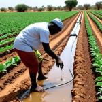 A vibrant scene showcasing Israeli agricultural technology bringing prosperity to African communities. Diverse African farmers are seen cultivating lush crops using advanced drip irrigation systems in a formerly arid landscape, with a bright, hopeful sky above. Emphasize the transfer of knowledge and the visible impact of innovation on food security and sustainable development, symbolizing a renewed partnership.