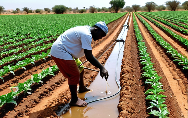 A vibrant scene showcasing Israeli agricultural technology bringing prosperity to African communities. Diverse African farmers are seen cultivating lush crops using advanced drip irrigation systems in a formerly arid landscape, with a bright, hopeful sky above. Emphasize the transfer of knowledge and the visible impact of innovation on food security and sustainable development, symbolizing a renewed partnership.