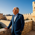 A professional historian, fully clothed in a modest business suit, standing respectfully before the majestic ancient stone walls of the Tower of David (Citadel) in Jerusalem. The weathered stone blocks and towering fortifications are bathed in warm golden hour sunlight, highlighting intricate details of the historical architecture. The sky above is clear blue, emphasizing the grandeur of the site. This is a professional documentary photograph, safe for work, appropriate content, fully clothed, perfect anatomy, correct proportions, natural pose, well-formed hands, proper finger count.