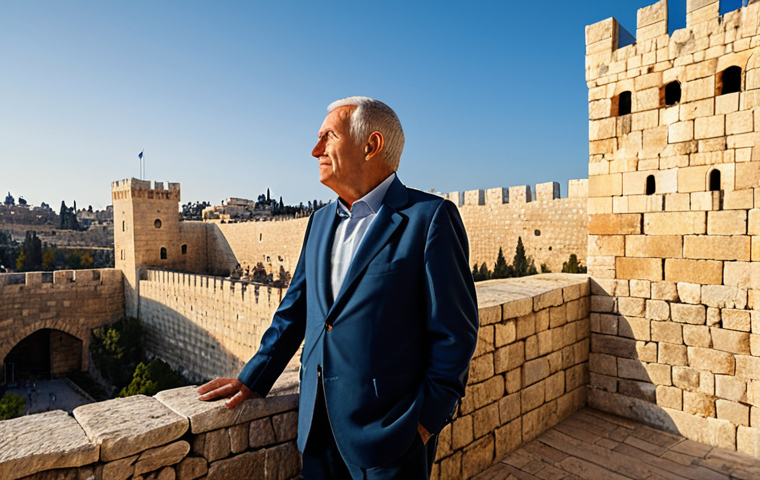 A professional historian, fully clothed in a modest business suit, standing respectfully before the majestic ancient stone walls of the Tower of David (Citadel) in Jerusalem. The weathered stone blocks and towering fortifications are bathed in warm golden hour sunlight, highlighting intricate details of the historical architecture. The sky above is clear blue, emphasizing the grandeur of the site. This is a professional documentary photograph, safe for work, appropriate content, fully clothed, perfect anatomy, correct proportions, natural pose, well-formed hands, proper finger count.