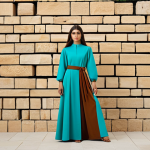 A professional female model elegantly displaying an Israeli fashion ensemble. The attire features a modest, flowing silhouette crafted from an innovative fabric that subtly incorporates geometric motifs inspired by Middle Eastern aesthetics, presented in rich earthy tones with vibrant turquoise accents. She stands naturally in a sun-drenched, minimalist studio with a backdrop of warm, textured stone walls, emphasizing the garment's unique cultural narrative and high-quality craftsmanship. perfect anatomy, correct proportions, natural pose, well-formed hands, proper finger count, natural body proportions, fully clothed, modest clothing, appropriate attire, professional dress, safe for work, appropriate content, professional, family-friendly, editorial photography, high detail, studio lighting.