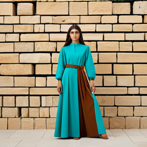 Home 8 A professional female model elegantly displaying an Israeli fashion ensemble. The attire features a modest, flowing silhouette crafted from an innovative fabric that subtly incorporates geometric motifs inspired by Middle Eastern aesthetics, presented in rich earthy tones with vibrant turquoise accents. She stands naturally in a sun-drenched, minimalist studio with a backdrop of warm, textured stone walls, emphasizing the garment's unique cultural narrative and high-quality craftsmanship. perfect anatomy, correct proportions, natural pose, well-formed hands, proper finger count, natural body proportions, fully clothed, modest clothing, appropriate attire, professional dress, safe for work, appropriate content, professional, family-friendly, editorial photography, high detail, studio lighting.