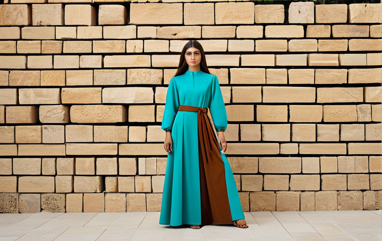 A professional female model elegantly displaying an Israeli fashion ensemble. The attire features a modest, flowing silhouette crafted from an innovative fabric that subtly incorporates geometric motifs inspired by Middle Eastern aesthetics, presented in rich earthy tones with vibrant turquoise accents. She stands naturally in a sun-drenched, minimalist studio with a backdrop of warm, textured stone walls, emphasizing the garment's unique cultural narrative and high-quality craftsmanship. perfect anatomy, correct proportions, natural pose, well-formed hands, proper finger count, natural body proportions, fully clothed, modest clothing, appropriate attire, professional dress, safe for work, appropriate content, professional, family-friendly, editorial photography, high detail, studio lighting.